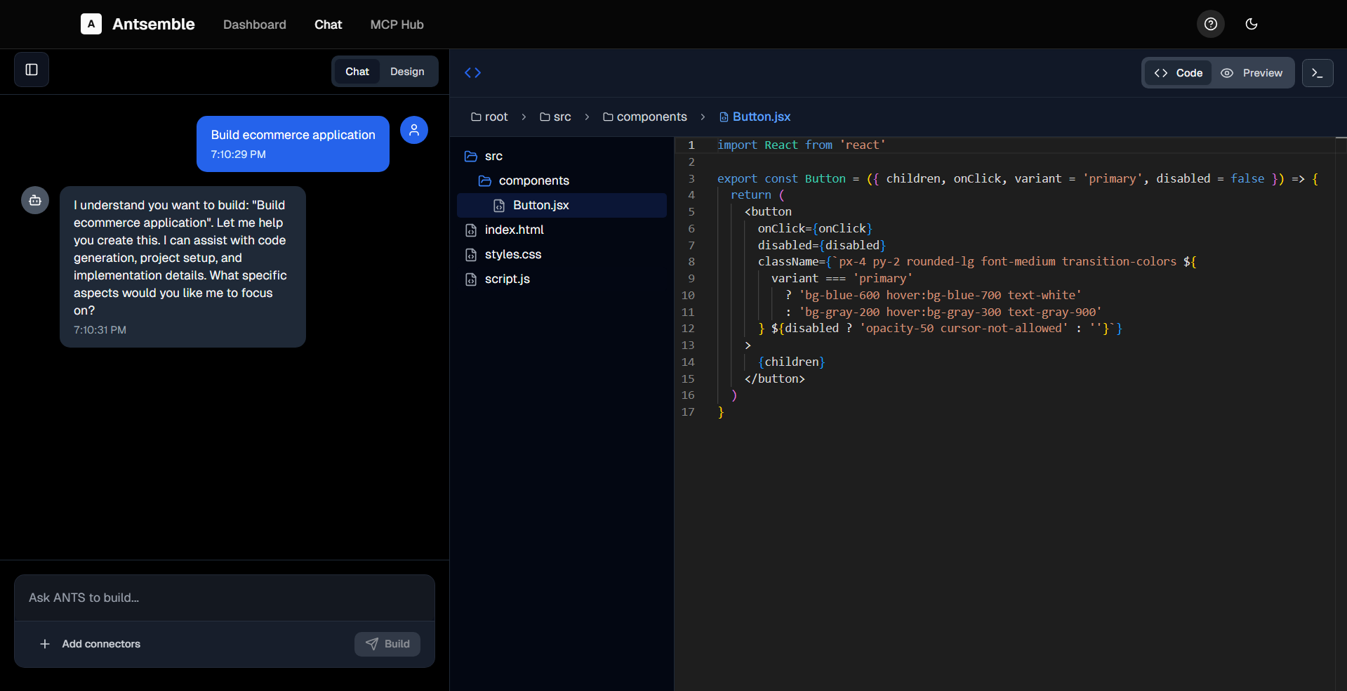 ANTS Studio IDE Interface showing chat, file explorer, and code editor
